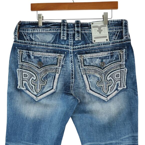 Rock Revival Jeans Mens 33 35x32.5 Blue Baxter Straight Distressed Streetwear - Picture 4 of 13